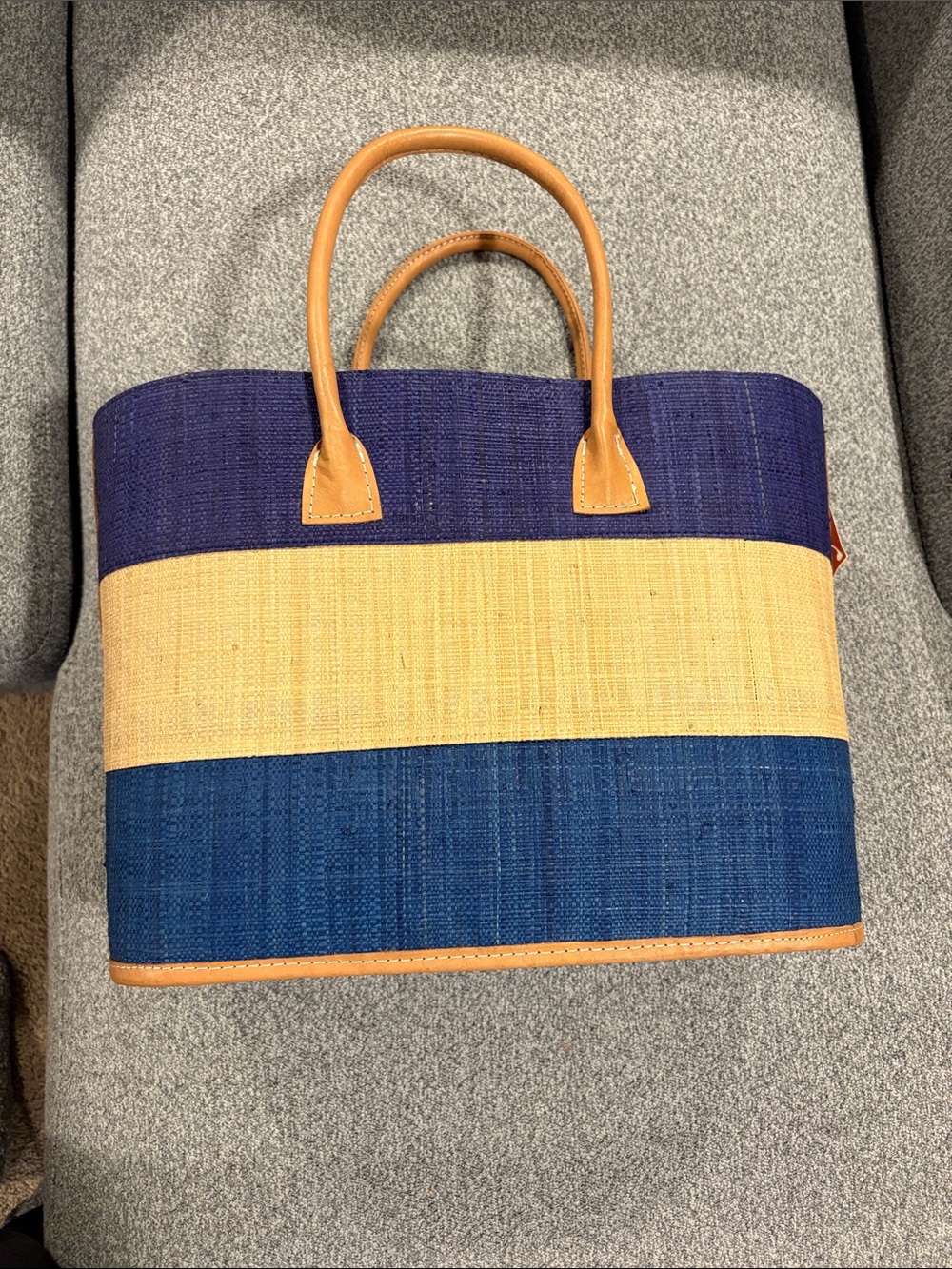 SHEBOBO Santorini MediumStriped Blue and Natural Straw Tote Bag with Tan Handles